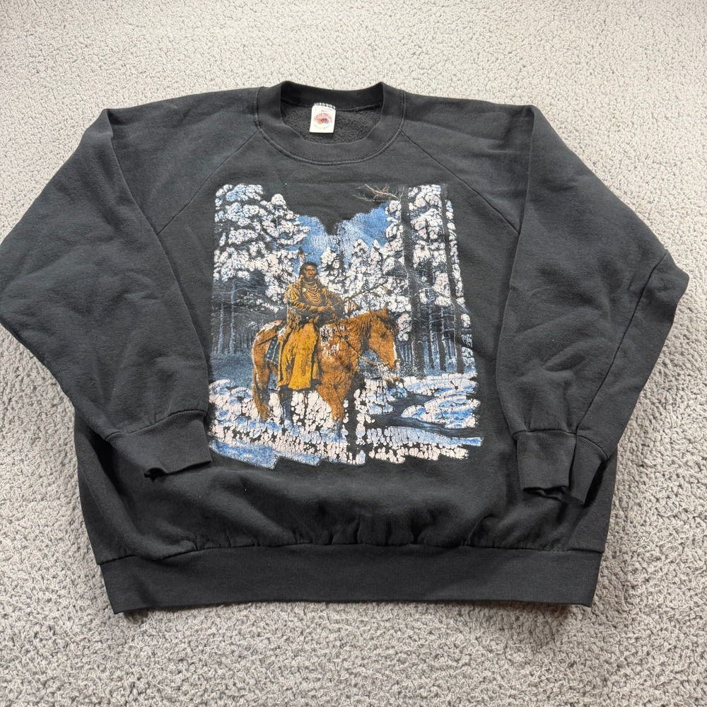 Vintage Fruit of the Loom Native American Horse Snow Graphic Sweatshirt Black L
